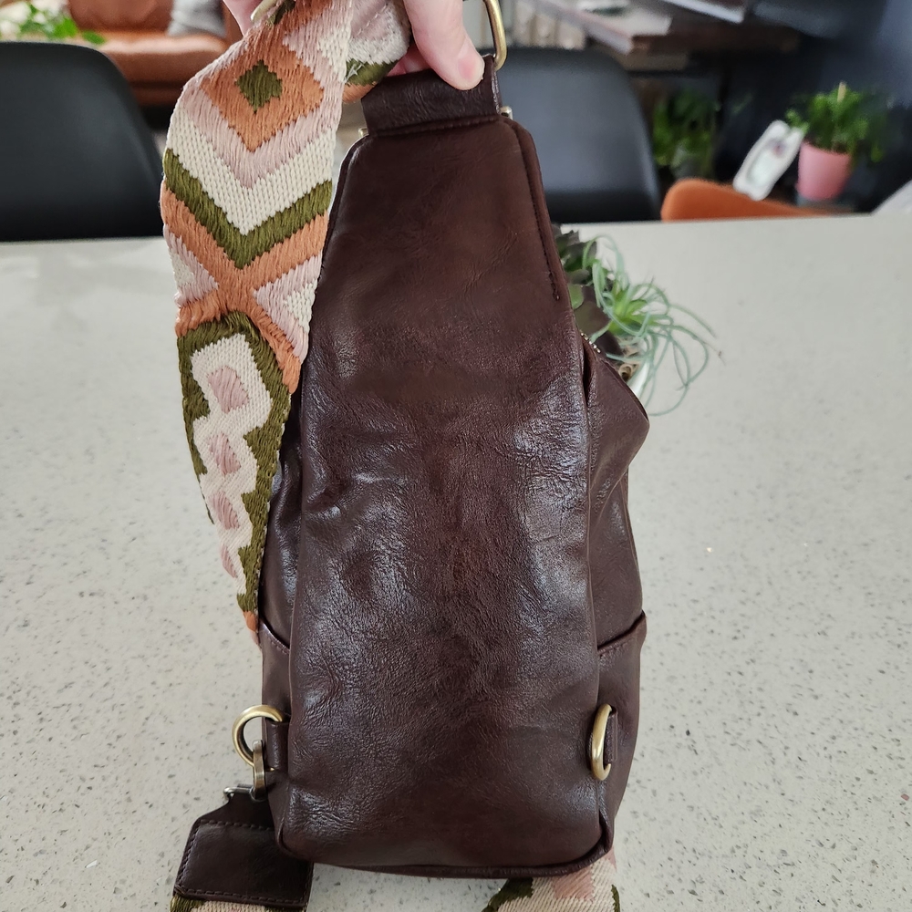 Brown Crossbody Sling Bag with Patterned Strap New Without Tag - Picture 5 of 13